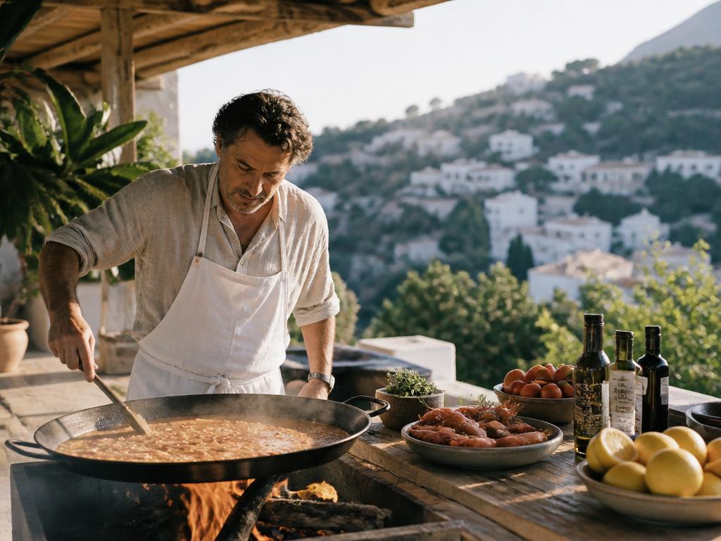 Spanish private chef cooking paella over a wood fire on the terrace of a Costa Blanca villa with zero-kilometre local produce — harbour-fresh fish and Marina Alta olive oil (Topo 365 experience in Jávea, Moraira and Benissa)