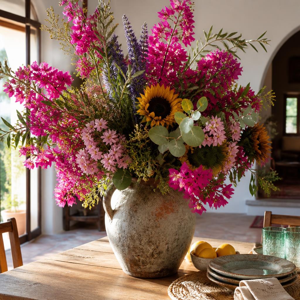 Generous Mediterranean fresh flower bouquet in a ceramic vase on a villa dining table — zero-kilometre local suppliers in Jávea, Moraira and Benissa (Topo 365 Property Care)
