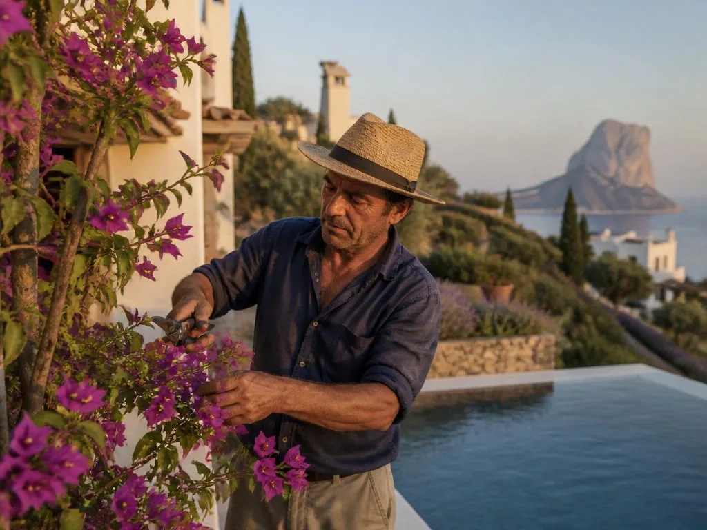 Local gardener pruning bougainvillea beside the infinity pool of a Mediterranean villa in Jávea, Moraira or Benissa, with the Peñón de Ifach in the background — Topo 365 weekly pool & garden maintenance