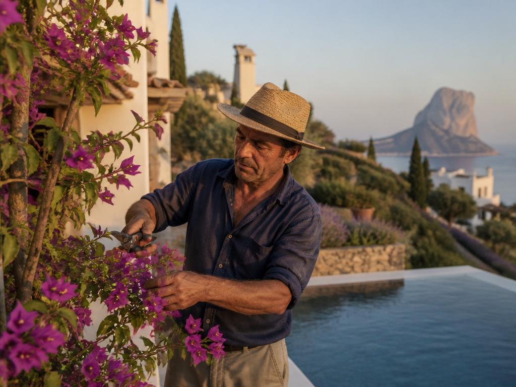 Local gardener pruning bougainvillea beside the infinity pool of a Mediterranean villa in Jávea, Moraira or Benissa, with the Peñón de Ifach in the background — Topo 365 weekly pool & garden maintenance